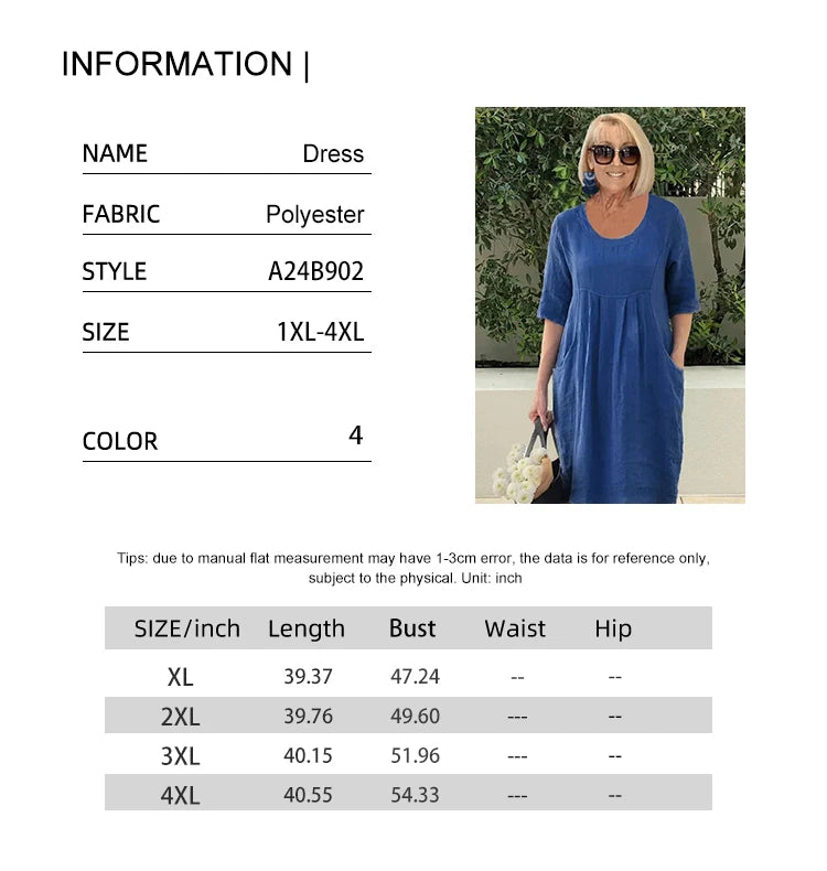 Women's Plus Size Cotton Linen Dress – Casual Pocket Shift Dress