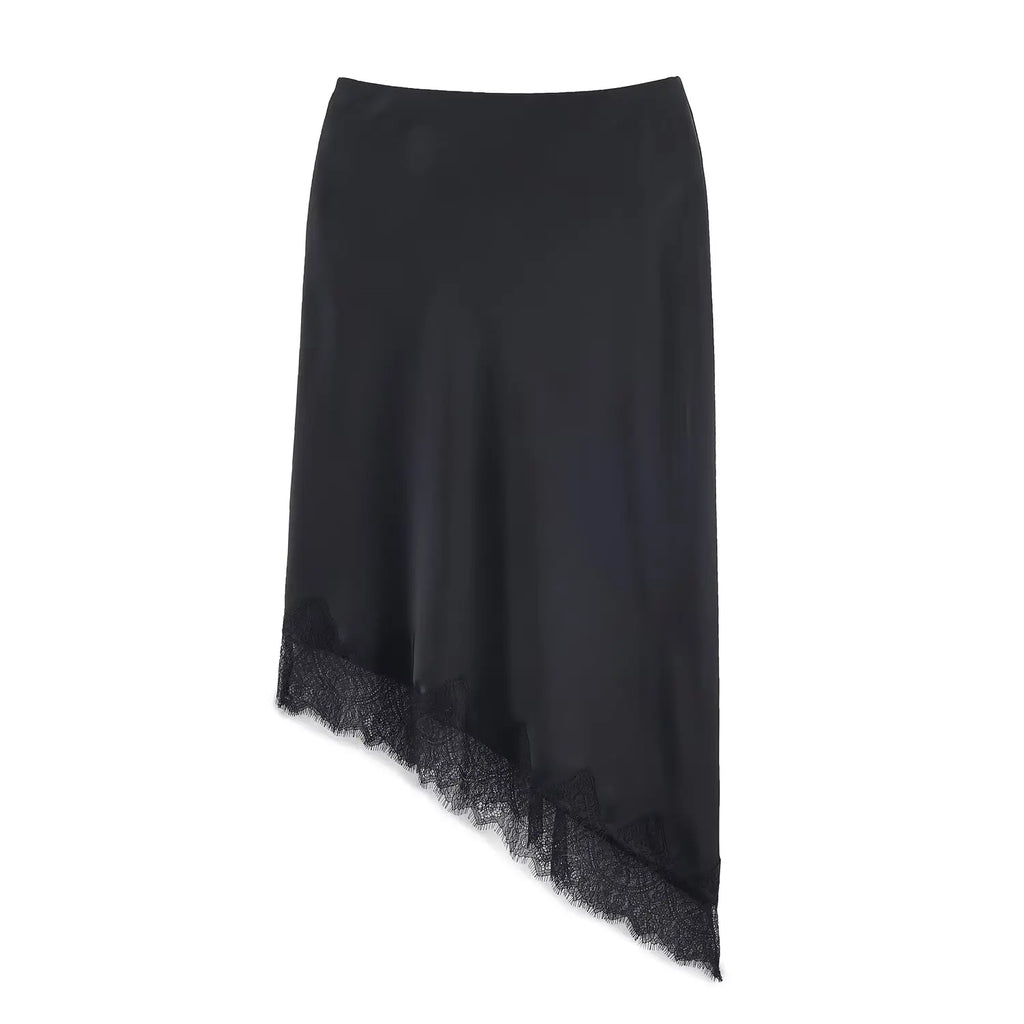 Lace-Trim Satin Midi Skirt