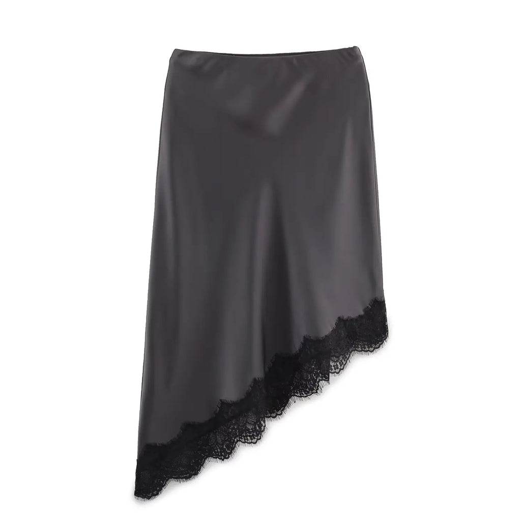 Lace-Trim Satin Midi Skirt
