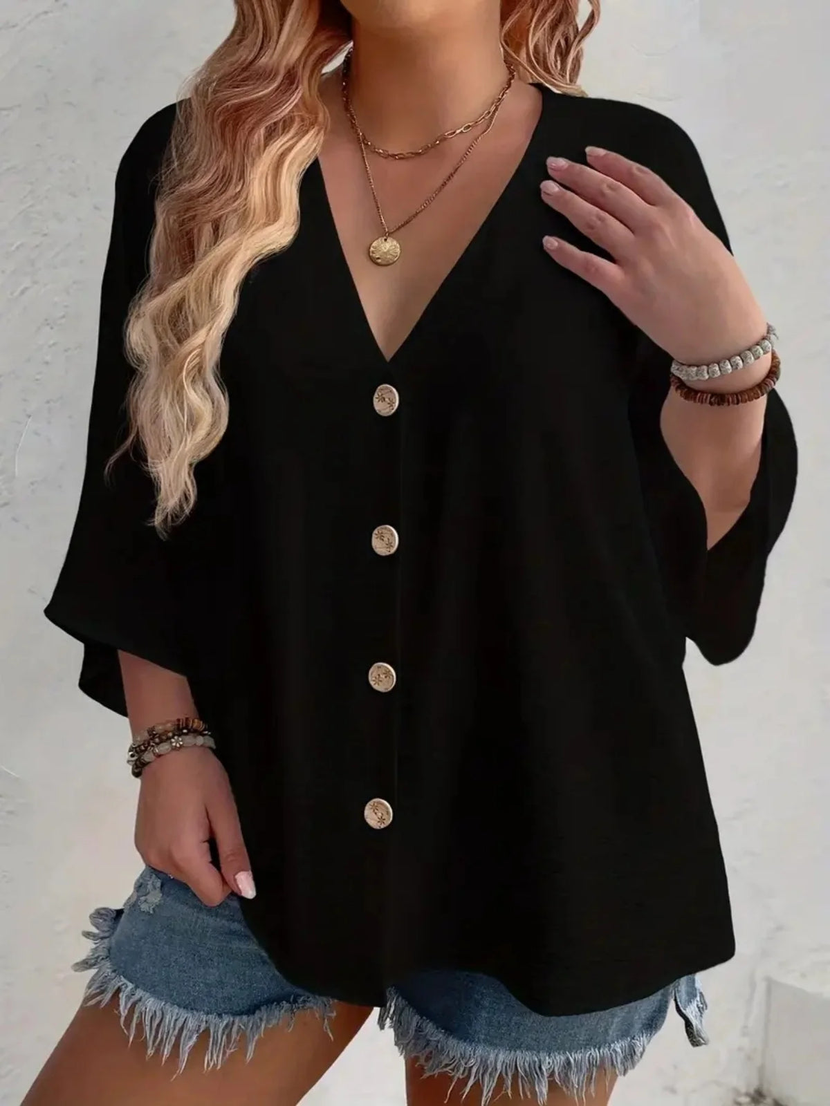 Plus Size Loose V-Neck Long-Sleeve T-Shirt