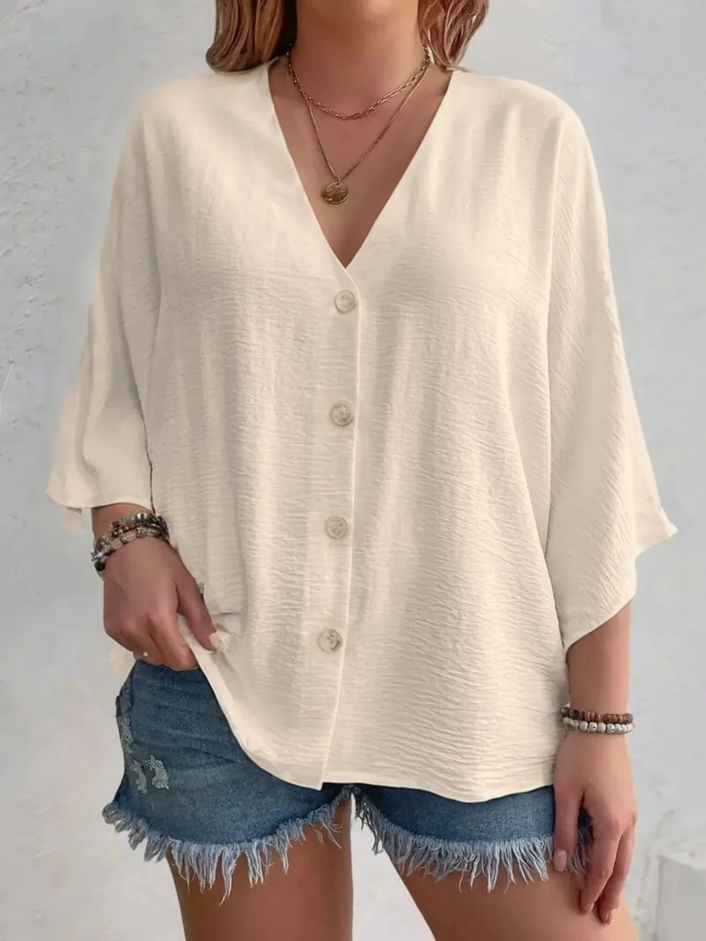 Plus Size Loose V-Neck Long-Sleeve T-Shirt
