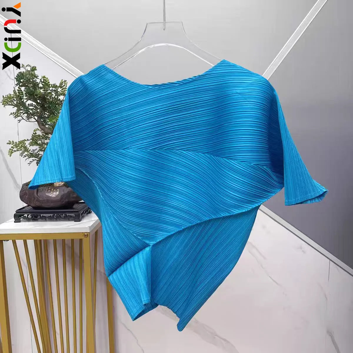 Cyan Pleated Asymmetric Top