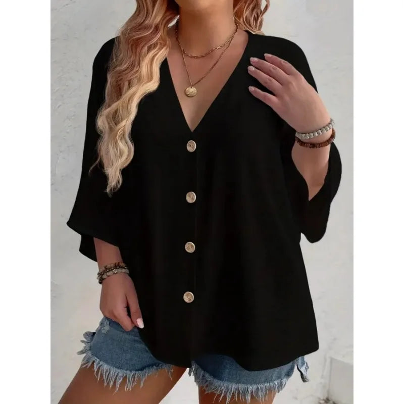 Plus Size Loose V-Neck Long-Sleeve T-Shirt