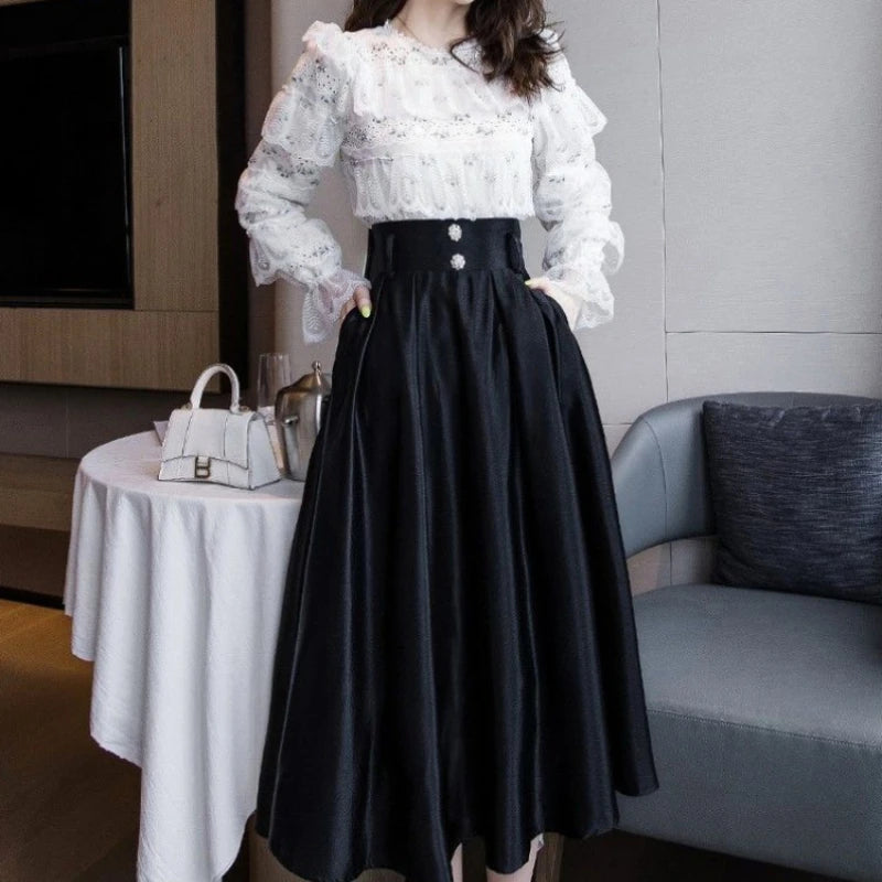 Women's Black High-Waist Midi Skirt