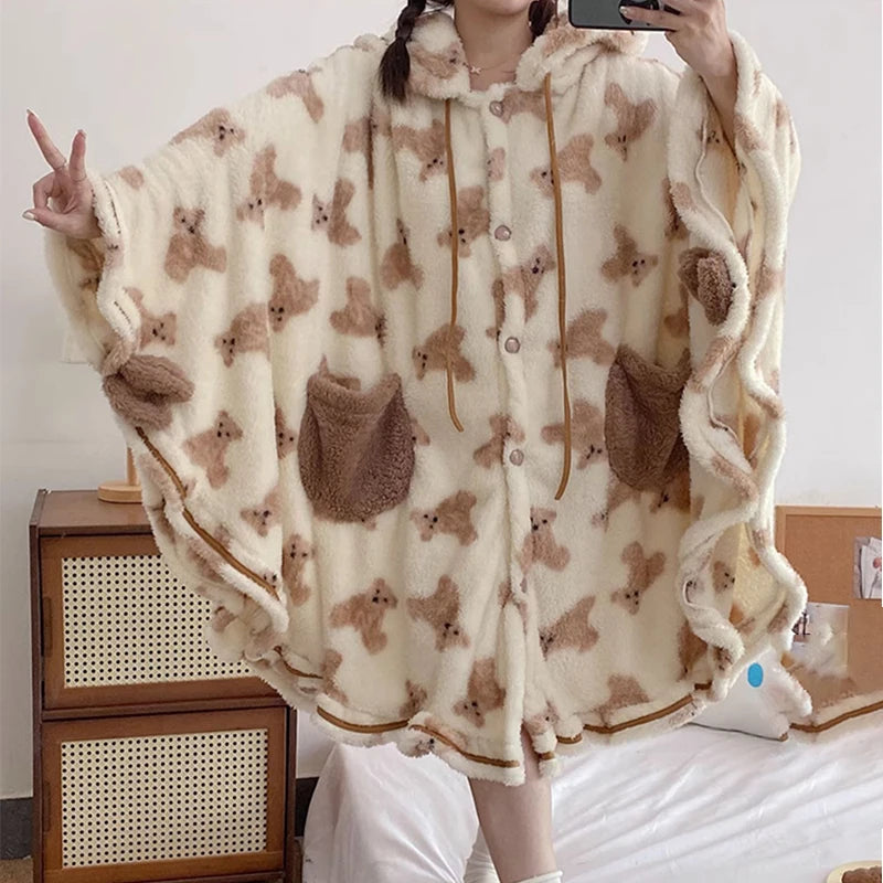 Women's Teddy Bear Print Hooded Plush Robe