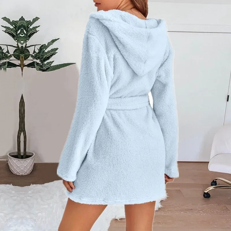 Women's Hooded Fluffy Plush Bathrobe