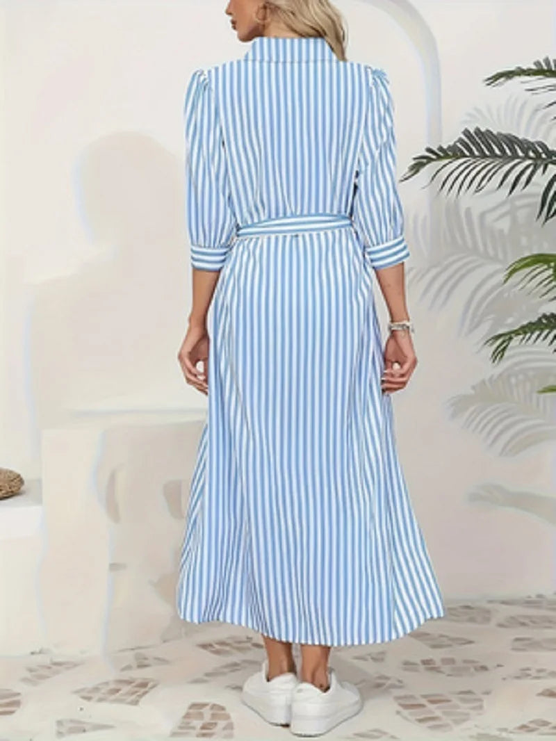 Women's Blue & White Striped Shirt Midi Dress – Casual Chic
