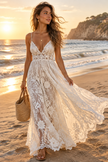 Woman wearing white lace floral maxi dress on a sunny beach at golden hour, boho elegant style